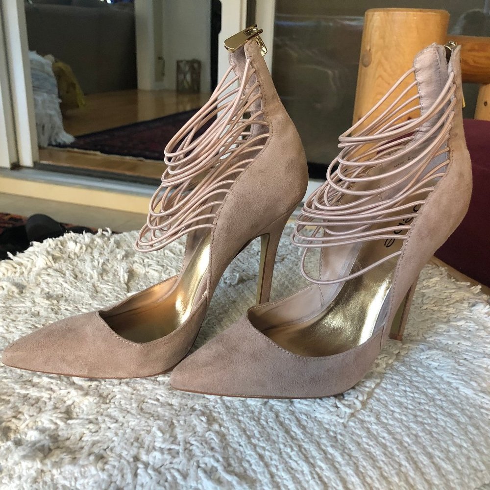Bebe Cream Suede Strappy Heel